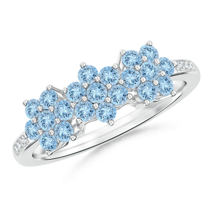 2mm AAA Classic Triple Flower Aquamarine Ring with Diamond Accents in White Gold 