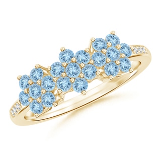 2mm AAA Classic Triple Flower Aquamarine Ring with Diamond Accents in Yellow Gold