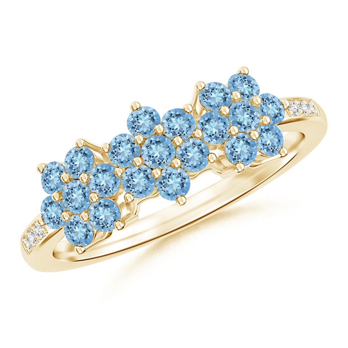 2mm AAAA Classic Triple Flower Aquamarine Ring with Diamond Accents in Yellow Gold