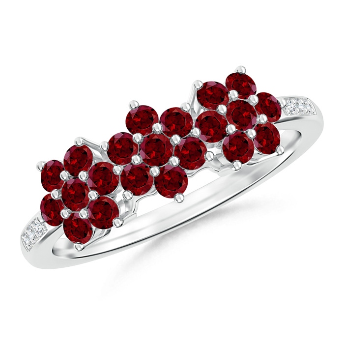 2mm AAA Classic Triple Flower Garnet Ring with Diamond Accents in White Gold