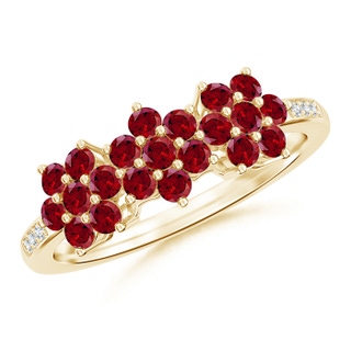 2mm AAAA Classic Triple Flower Garnet Ring with Diamond Accents in Yellow Gold