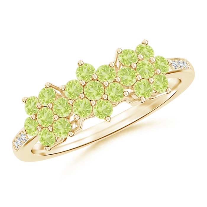 2mm A Classic Triple Flower Peridot Ring with Diamond Accents in 9K Yellow Gold 