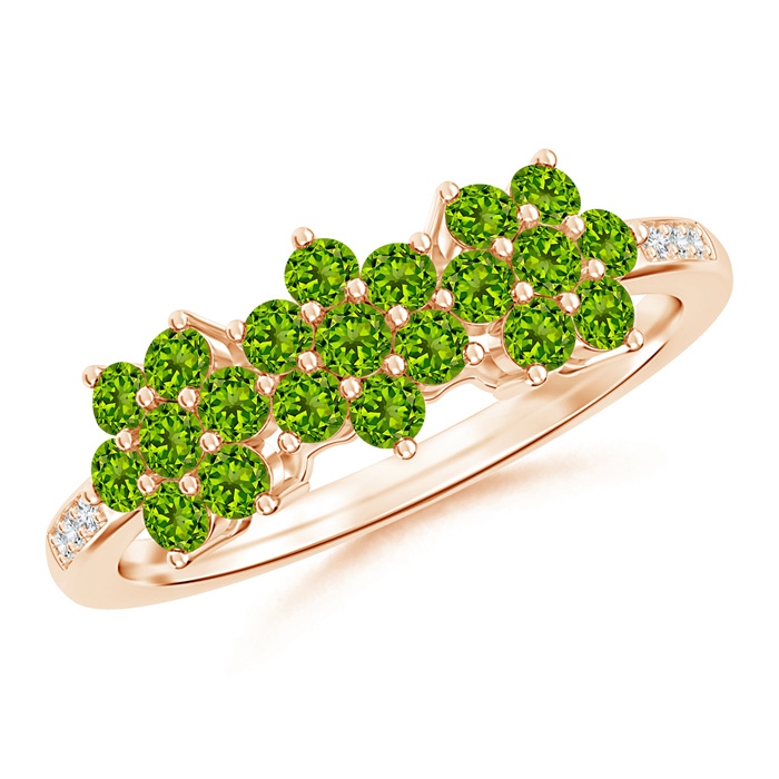 2mm AAAA Classic Triple Flower Peridot Ring with Diamond Accents in Rose Gold
