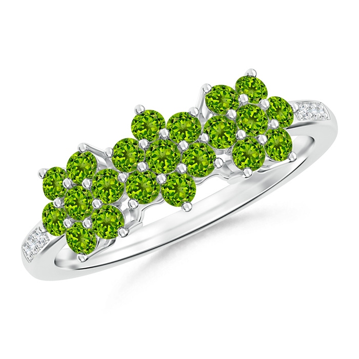 2mm AAAA Classic Triple Flower Peridot Ring with Diamond Accents in White Gold
