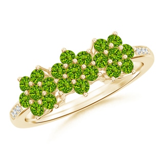 2mm AAAA Classic Triple Flower Peridot Ring with Diamond Accents in Yellow Gold