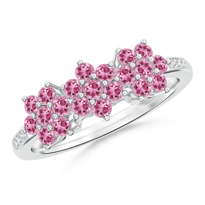 2mm AAA Classic Triple Flower Pink Tourmaline Ring with Diamonds in White Gold