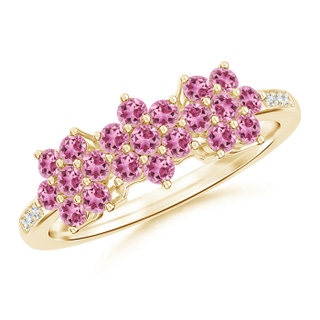 2mm AAA Classic Triple Flower Pink Tourmaline Ring with Diamonds in Yellow Gold