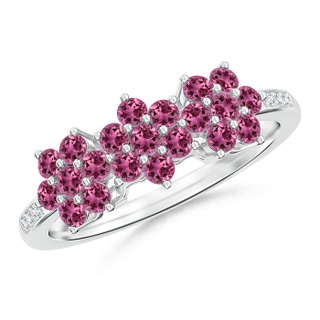 2mm AAAA Classic Triple Flower Pink Tourmaline Ring with Diamonds in White Gold