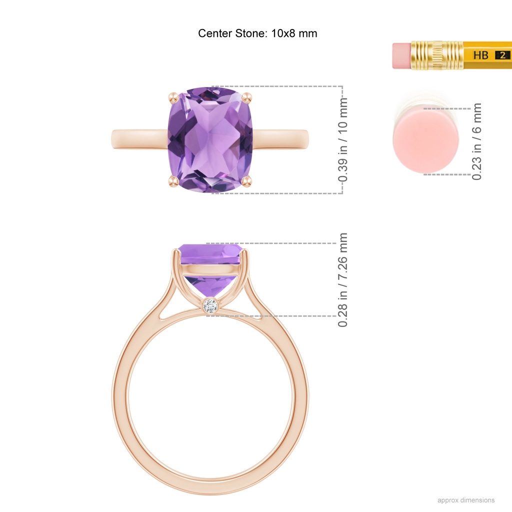 10x8mm A Classic Cushion Amethyst Solitaire Ring with Hidden Accents in 10K Rose Gold Ruler