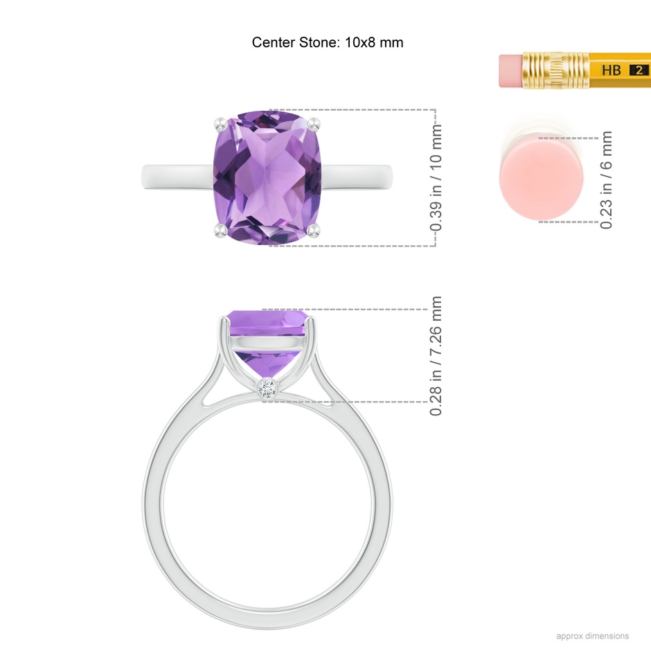 10x8mm A Classic Cushion Amethyst Solitaire Ring with Hidden Accents in S999 Silver ruler