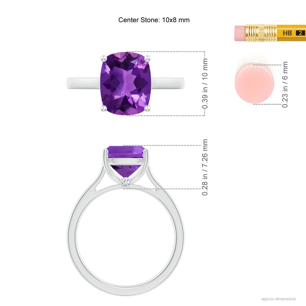 10x8mm AAAA Classic Cushion Amethyst Solitaire Ring with Hidden Accents in 10K White Gold Ruler