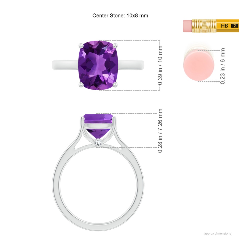 10x8mm AAAA Classic Cushion Amethyst Solitaire Ring with Hidden Accents in 10K White Gold ruler