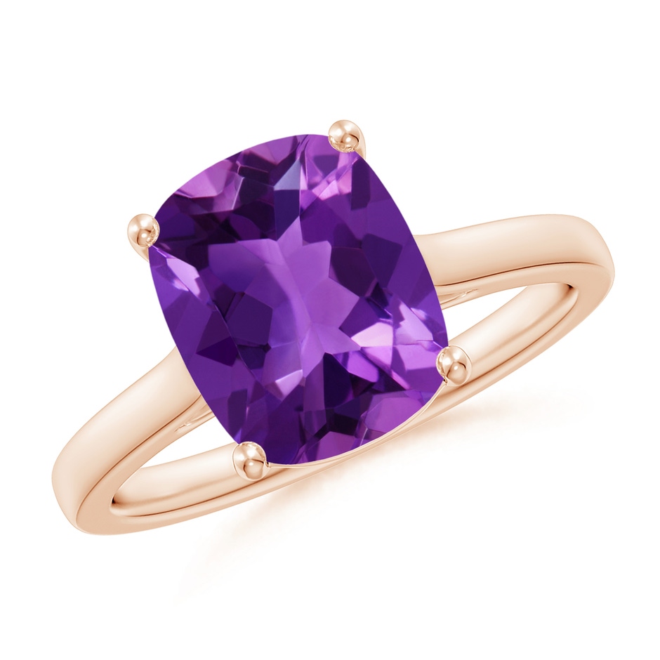 10x8mm AAAA Classic Cushion Amethyst Solitaire Ring with Hidden Accents in 18K Rose Gold 