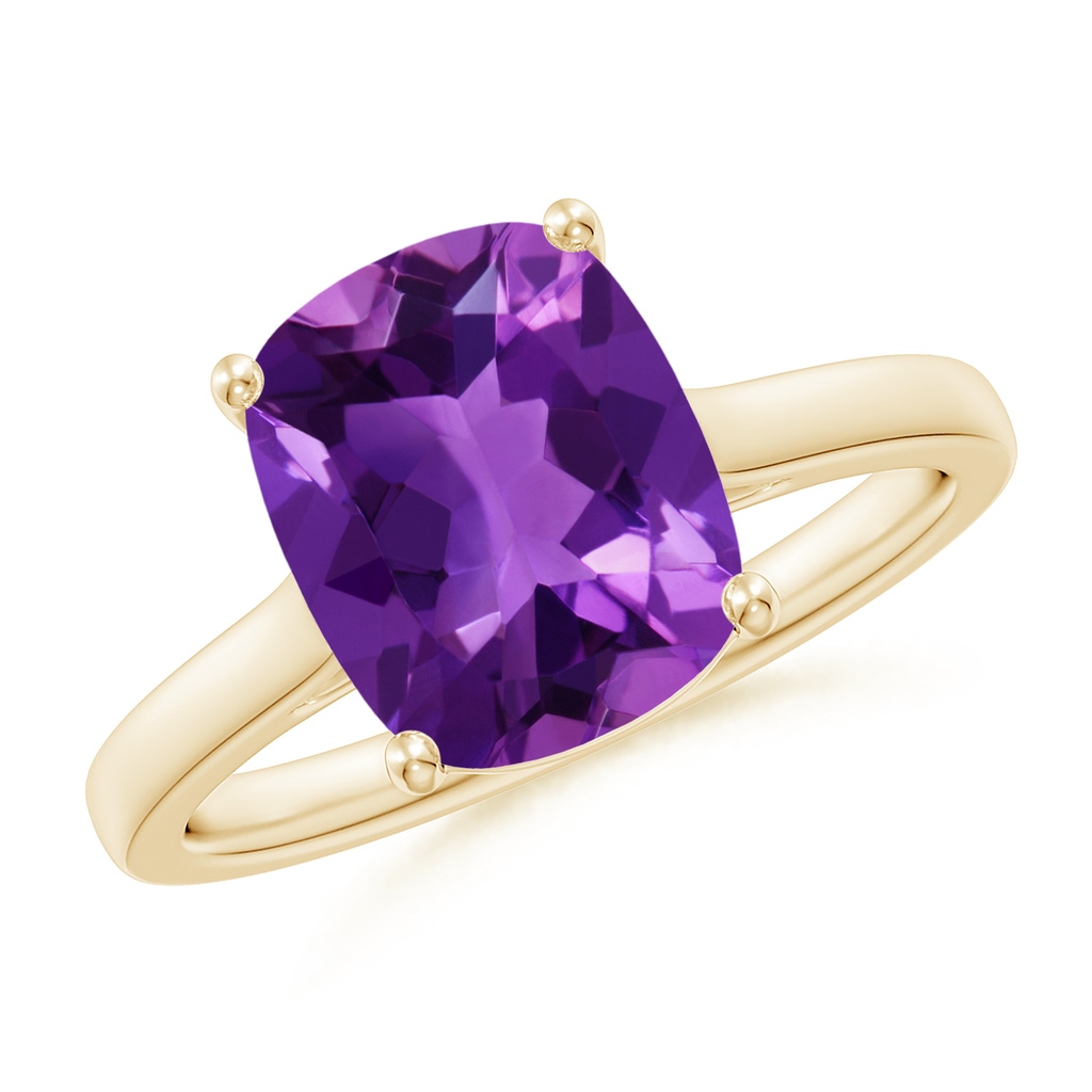 10x8mm AAAA Classic Cushion Amethyst Solitaire Ring in Yellow Gold