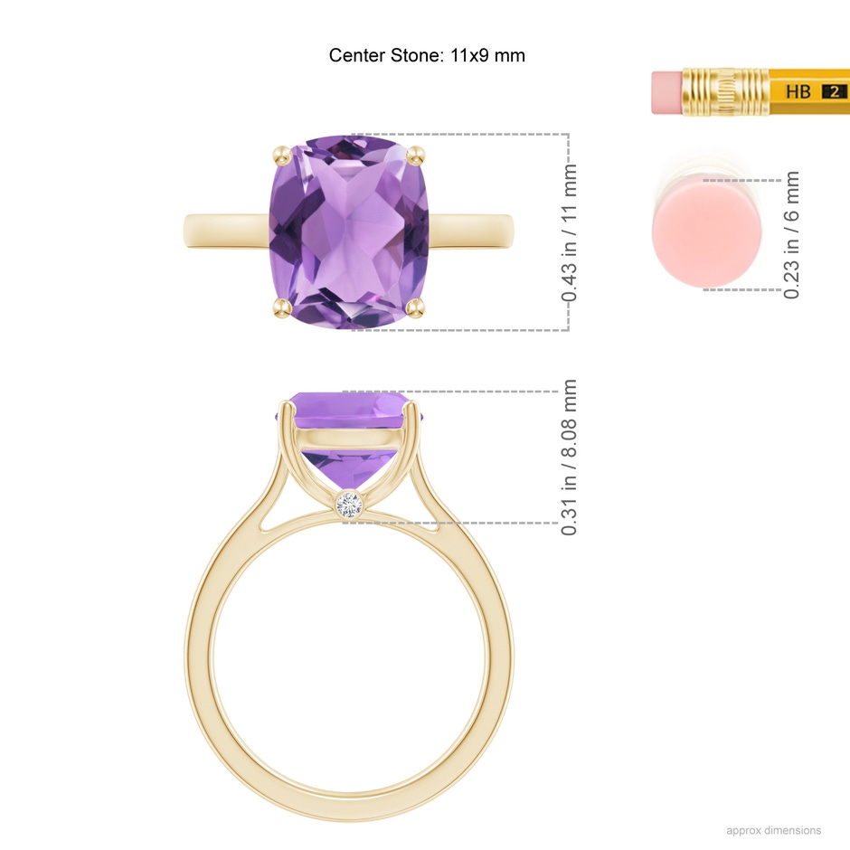 11x9mm A Classic Cushion Amethyst Solitaire Ring with Hidden Accents in 10K Yellow Gold ruler