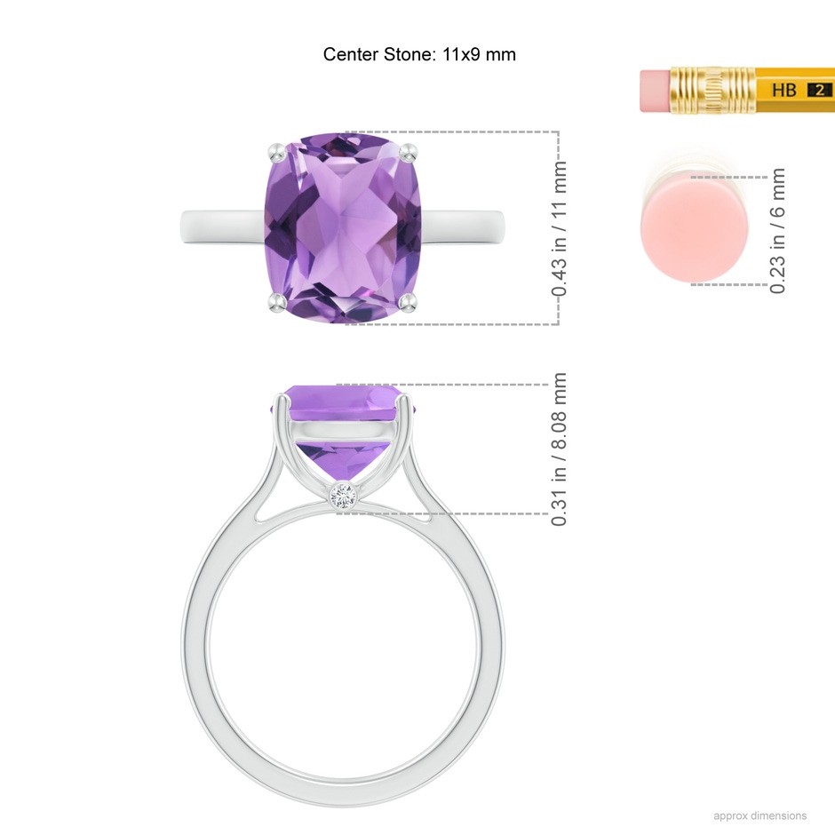 11x9mm A Classic Cushion Amethyst Solitaire Ring with Hidden Accents in S999 Silver ruler