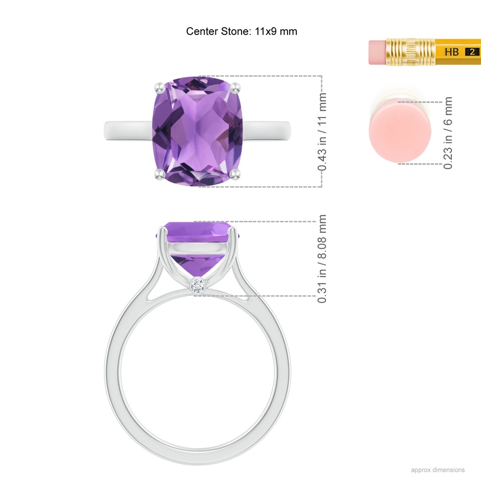 11x9mm AA Classic Cushion Amethyst Solitaire Ring with Hidden Accents in P950 Platinum ruler