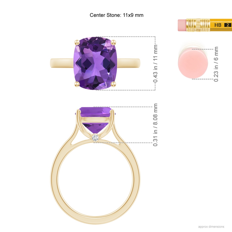 11x9mm AAA Classic Cushion Amethyst Solitaire Ring with Hidden Accents in 18K Yellow Gold ruler