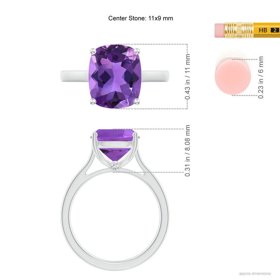 11x9mm AAA Classic Cushion Amethyst Solitaire Ring with Hidden Accents in S999 Silver ruler