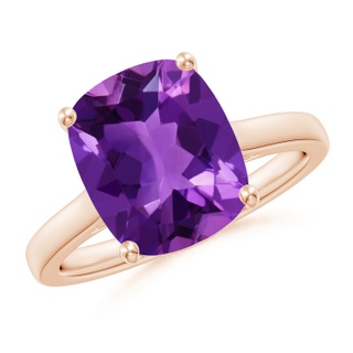 11x9mm AAAA Classic Cushion Amethyst Solitaire Ring with Hidden Accents in 18K Rose Gold