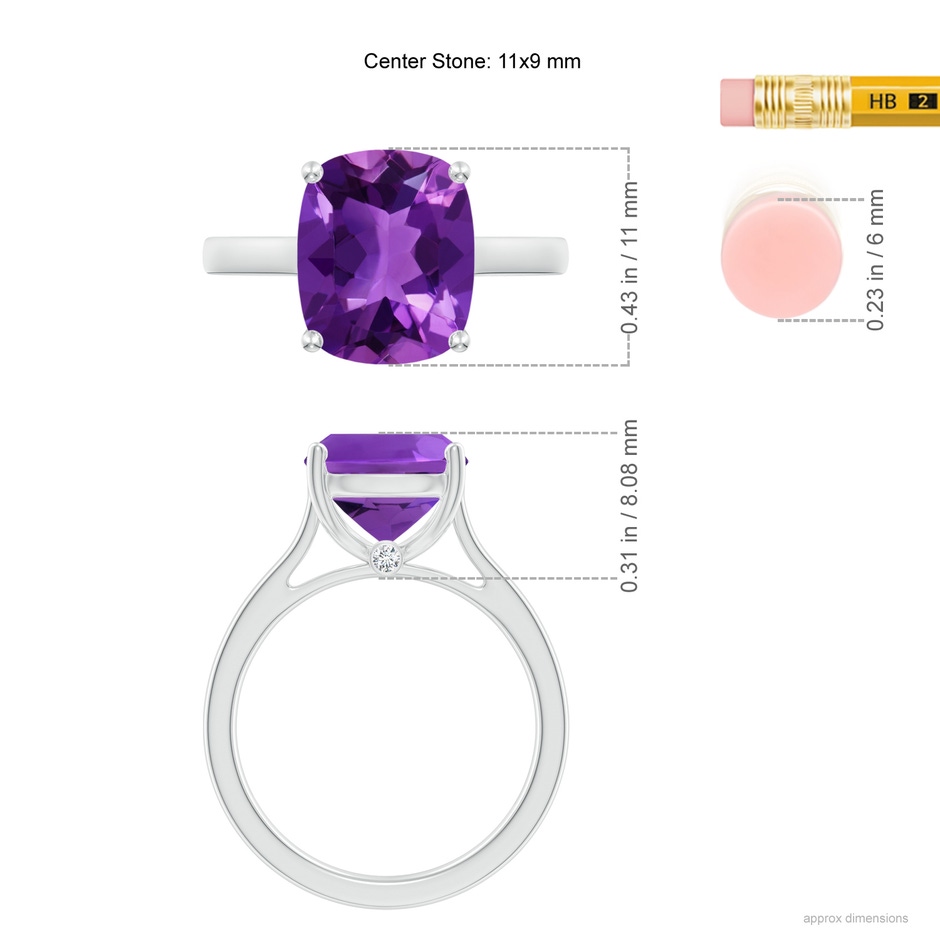 11x9mm AAAA Classic Cushion Amethyst Solitaire Ring with Hidden Accents in S999 Silver ruler