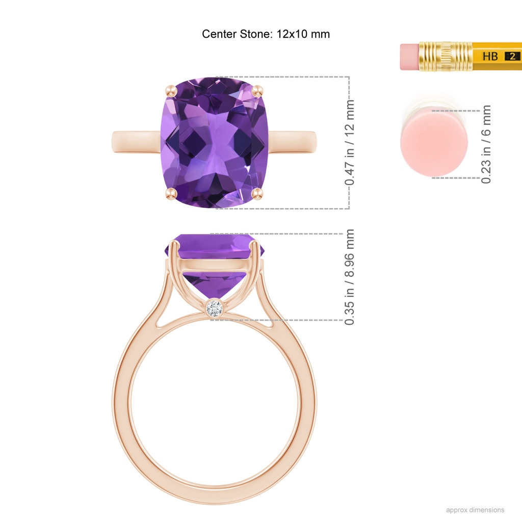 12x10mm AAA Classic Cushion Amethyst Solitaire Ring with Hidden Accents in 10K Rose Gold Ruler