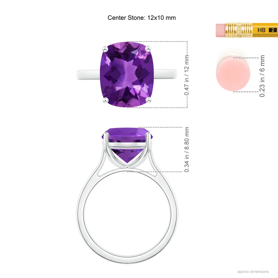 12x10mm AAAA Classic Cushion Amethyst Solitaire Ring with Hidden Accents in S999 Silver ruler