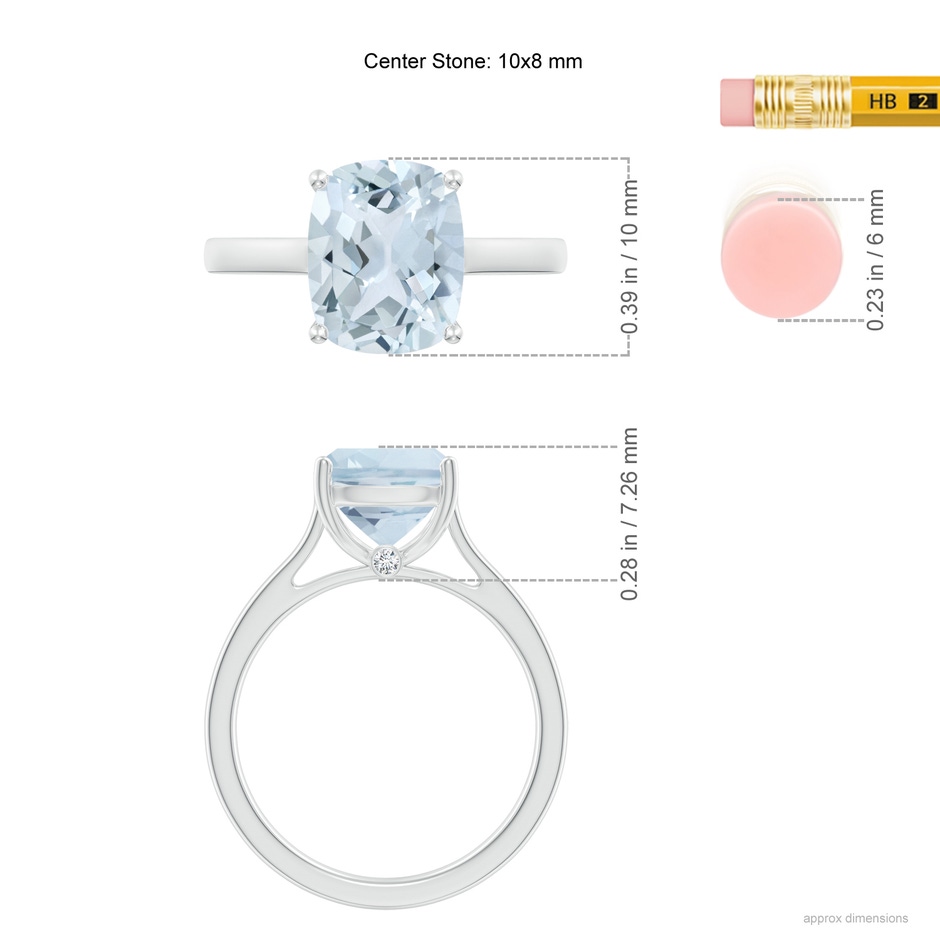 10x8mm A Classic Cushion Aquamarine Solitaire Ring with Hidden Accents in 10K White Gold ruler