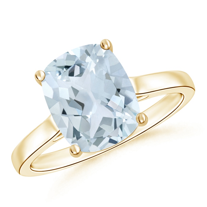 10x8mm A Classic Cushion Aquamarine Solitaire Ring in 10K Yellow Gold 