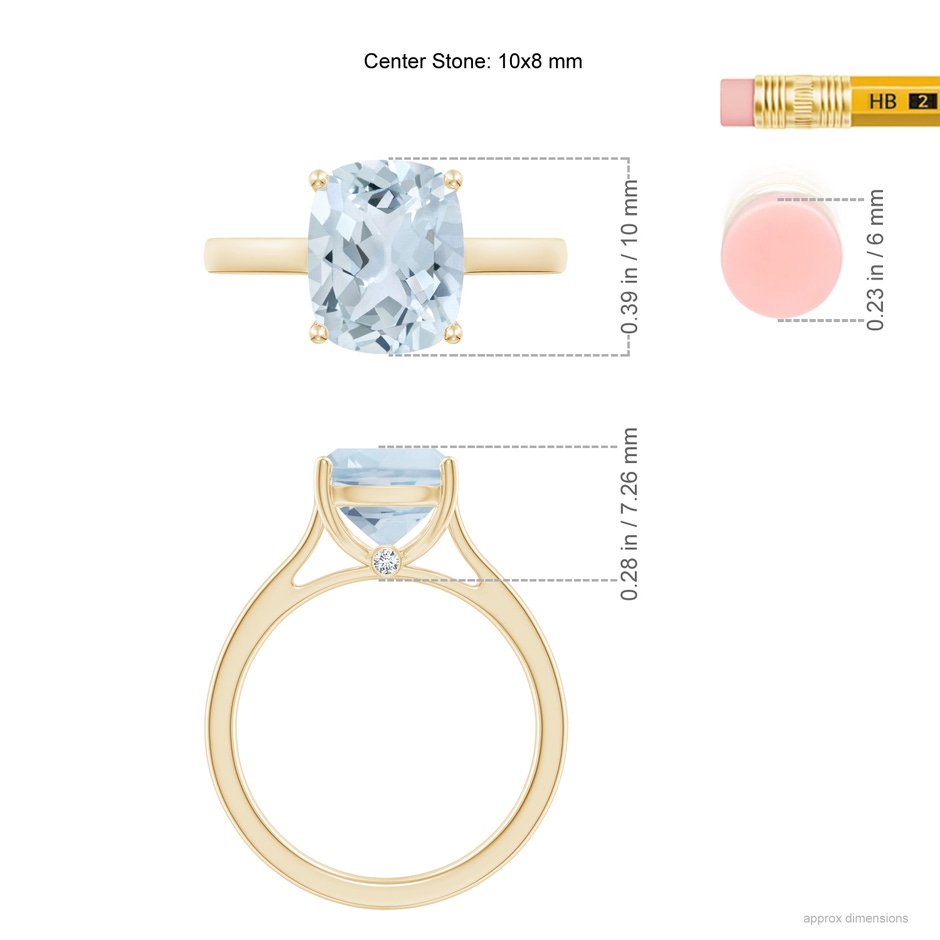 10x8mm A Classic Cushion Aquamarine Solitaire Ring with Hidden Accents in 10K Yellow Gold ruler