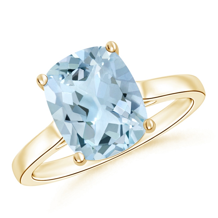 10x8mm AA Classic Cushion Aquamarine Solitaire Ring in 10K Yellow Gold 