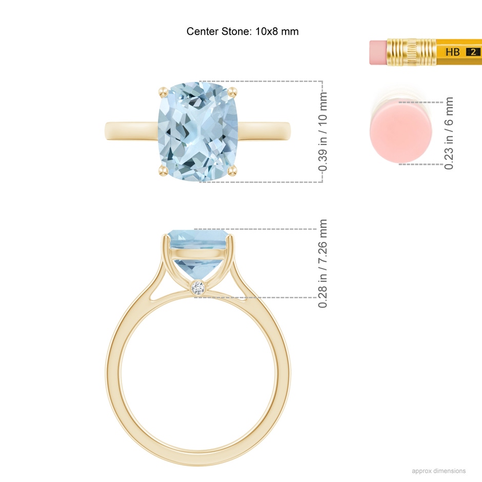 10x8mm AA Classic Cushion Aquamarine Solitaire Ring with Hidden Accents in 10K Yellow Gold ruler