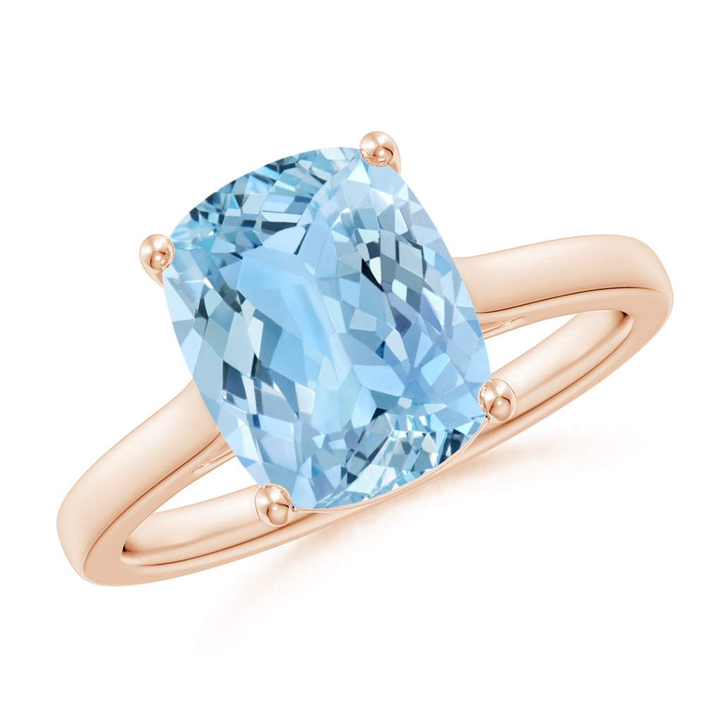 10x8mm AAAA Classic Cushion Aquamarine Solitaire Ring in Rose Gold