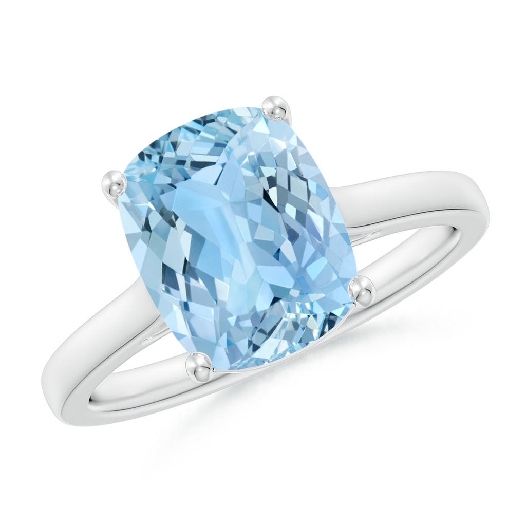 10x8mm AAAA Classic Cushion Aquamarine Solitaire Ring in White Gold