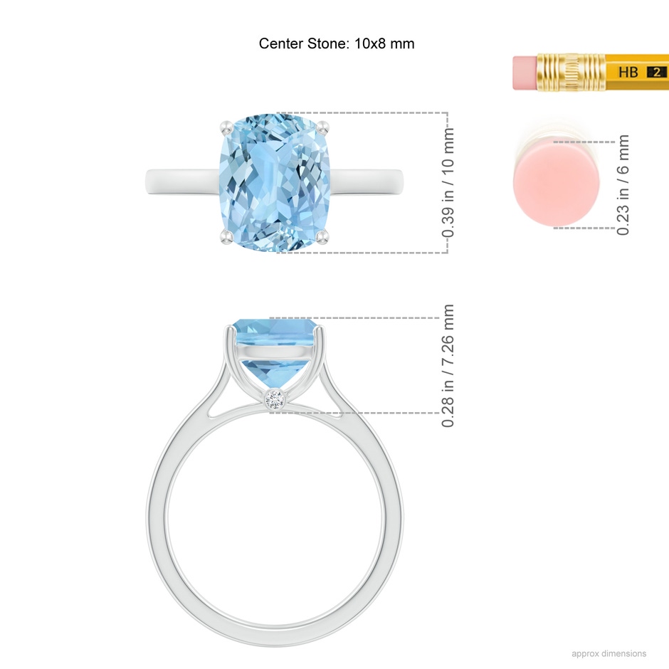 10x8mm AAAA Classic Cushion Aquamarine Solitaire Ring in White Gold Ruler