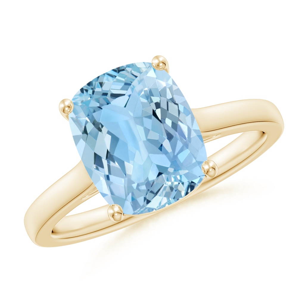 10x8mm AAAA Classic Cushion Aquamarine Solitaire Ring in Yellow Gold