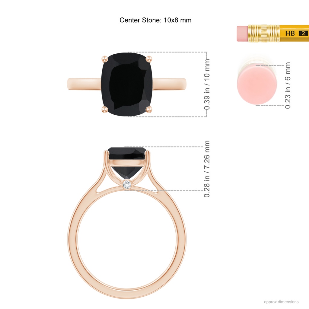 10x8mm AAA Classic Cushion Black Onyx Solitaire Ring in Rose Gold Ruler