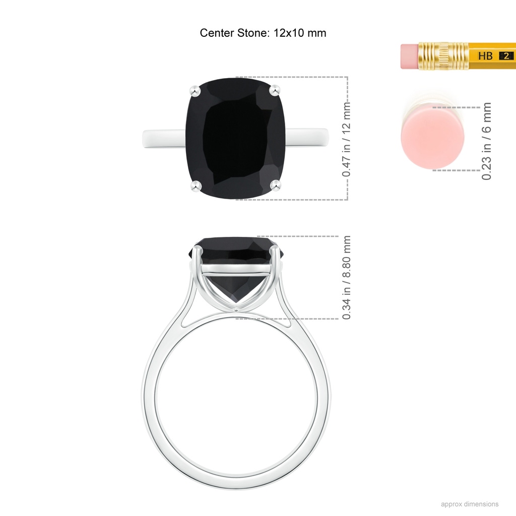 12x10mm AAA Classic Cushion Black Onyx Solitaire Ring in White Gold Ruler
