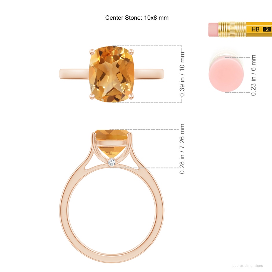 10x8mm A Classic Cushion Citrine Solitaire Ring with Hidden Accents in 9K Rose Gold ruler