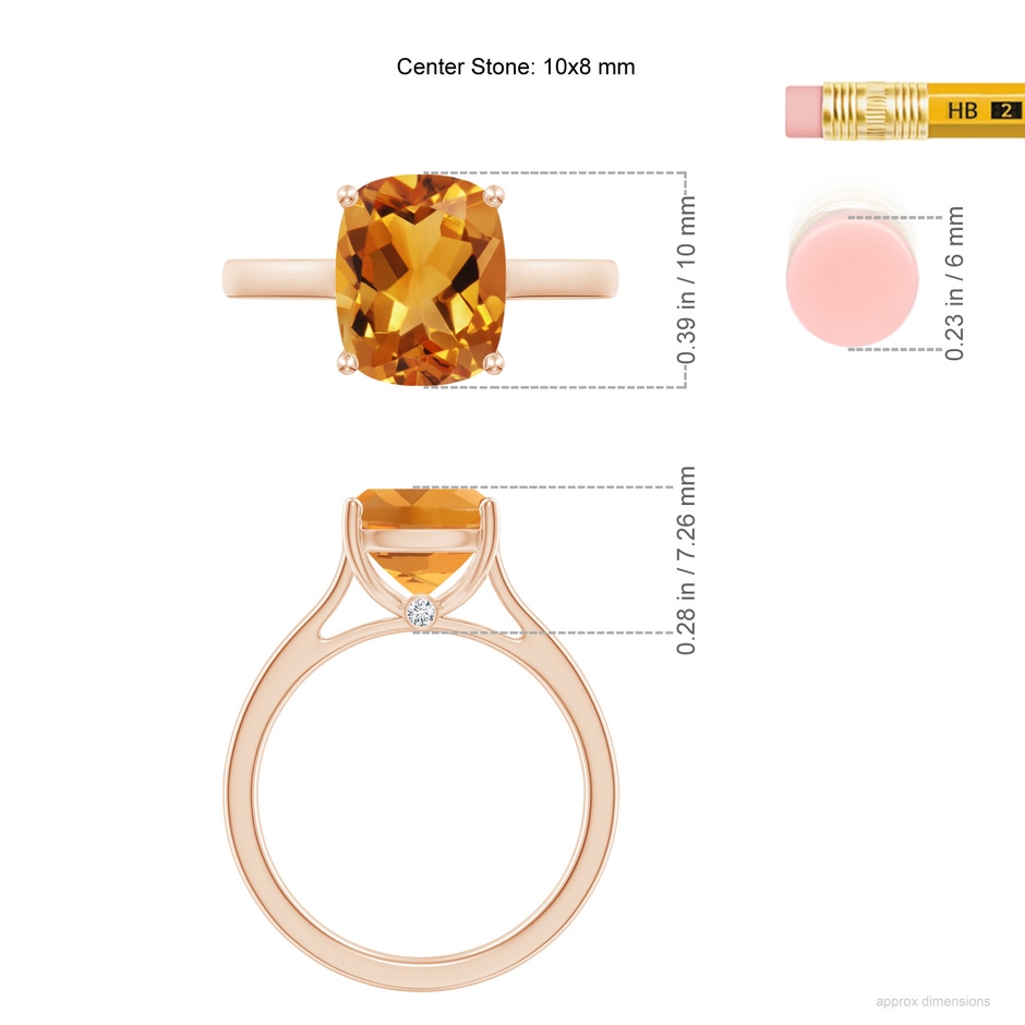10x8mm AA Classic Cushion Citrine Solitaire Ring with Hidden Accents in 9K Rose Gold ruler