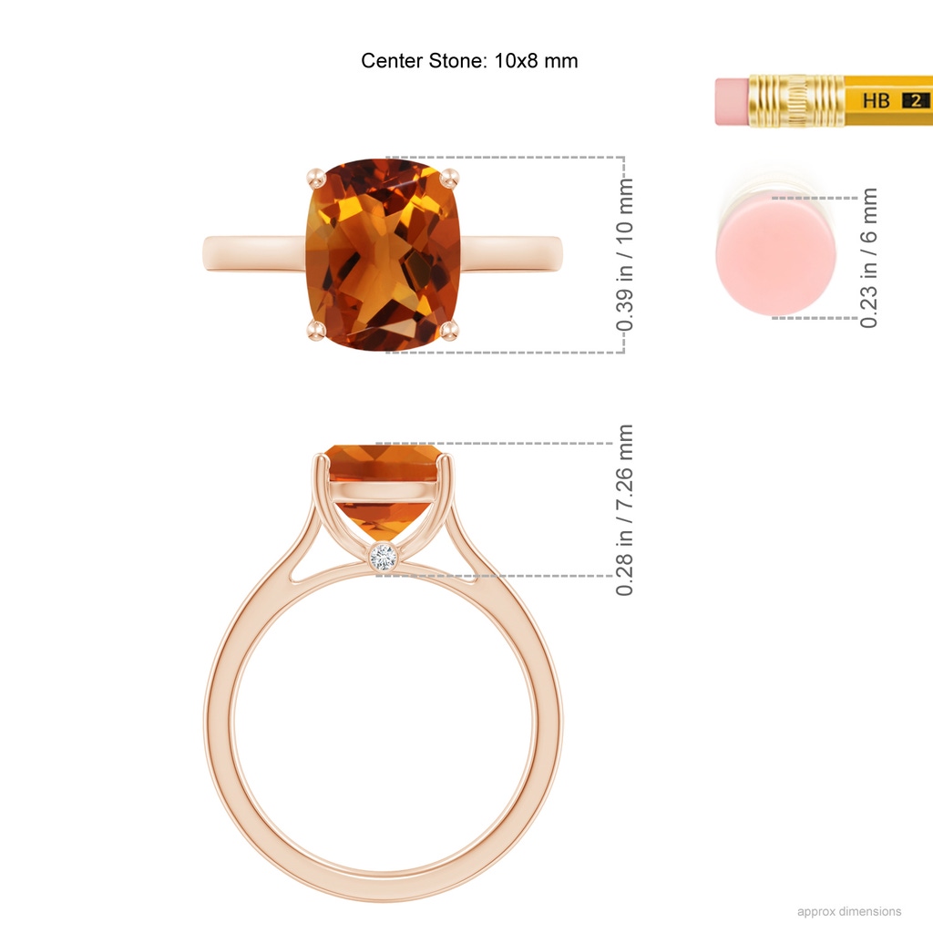 10x8mm AAAA Classic Cushion Citrine Solitaire Ring in Rose Gold Ruler