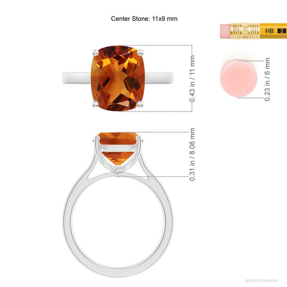 11x9mm AAAA Classic Cushion Citrine Solitaire Ring with Hidden Accents in 18K White Gold ruler