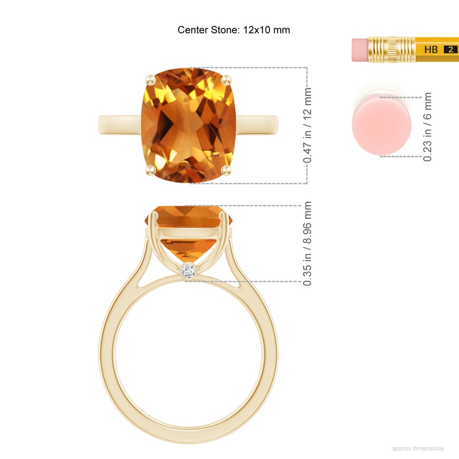 12x10mm AAA Classic Cushion Citrine Solitaire Ring with Hidden Accents in Yellow Gold ruler