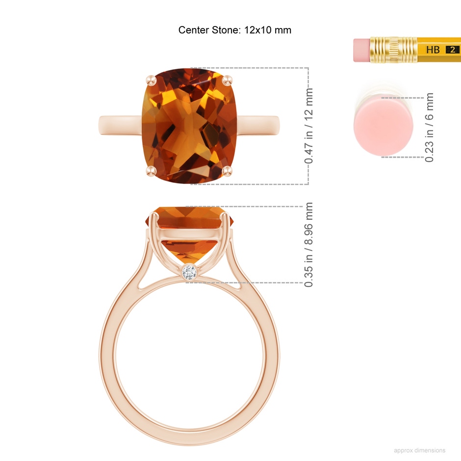 12x10mm AAAA Classic Cushion Citrine Solitaire Ring with Hidden Accents in 18K Rose Gold ruler