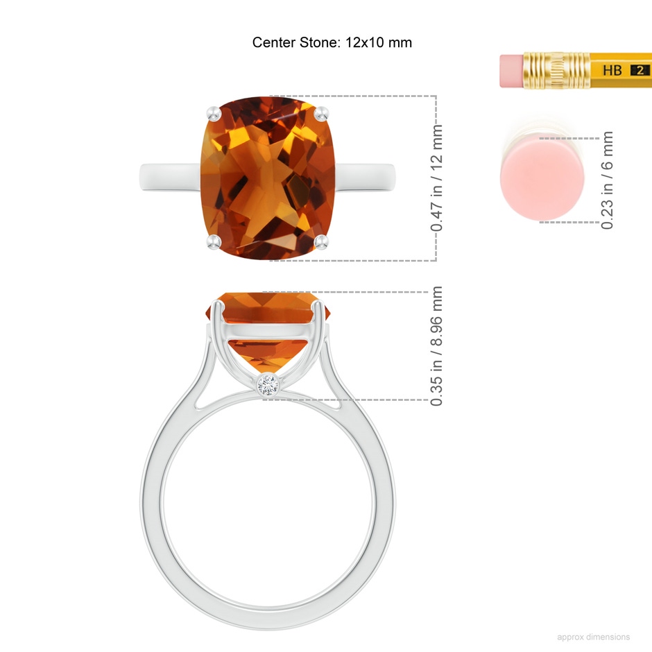 12x10mm AAAA Classic Cushion Citrine Solitaire Ring with Hidden Accents in P950 Platinum ruler