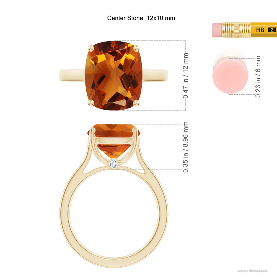 12x10mm AAAA Classic Cushion Citrine Solitaire Ring with Hidden Accents in Yellow Gold ruler