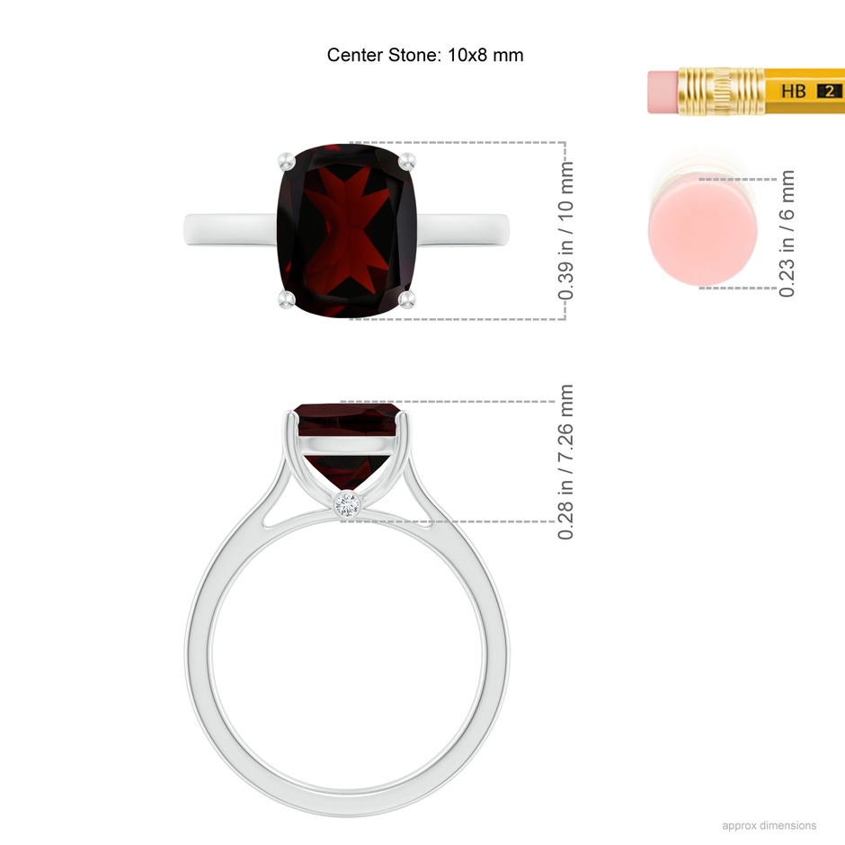 10x8mm A Classic Cushion Garnet Solitaire Ring with Hidden Accents in White Gold ruler