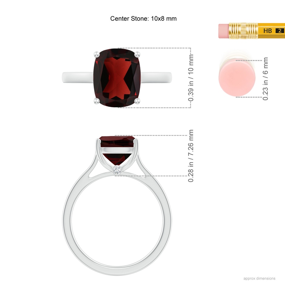 10x8mm AA Classic Cushion Garnet Solitaire Ring with Hidden Accents in White Gold ruler
