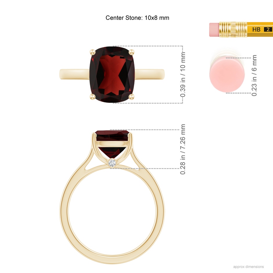 10x8mm AA Classic Cushion Garnet Solitaire Ring with Hidden Accents in Yellow Gold ruler