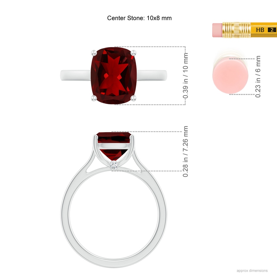 10x8mm AAAA Classic Cushion Garnet Solitaire Ring with Hidden Accents in P950 Platinum ruler